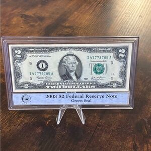 $2 Dollar Federal Reserve - 2003 Green Seal Small Portrait - PCS Hard Case